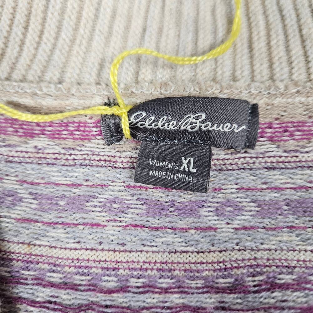 Eddie Bauer Womens XL Fair Isle Shawl Collar Cardigan‎ Sweater Cream Purple - Picture 3 of 8